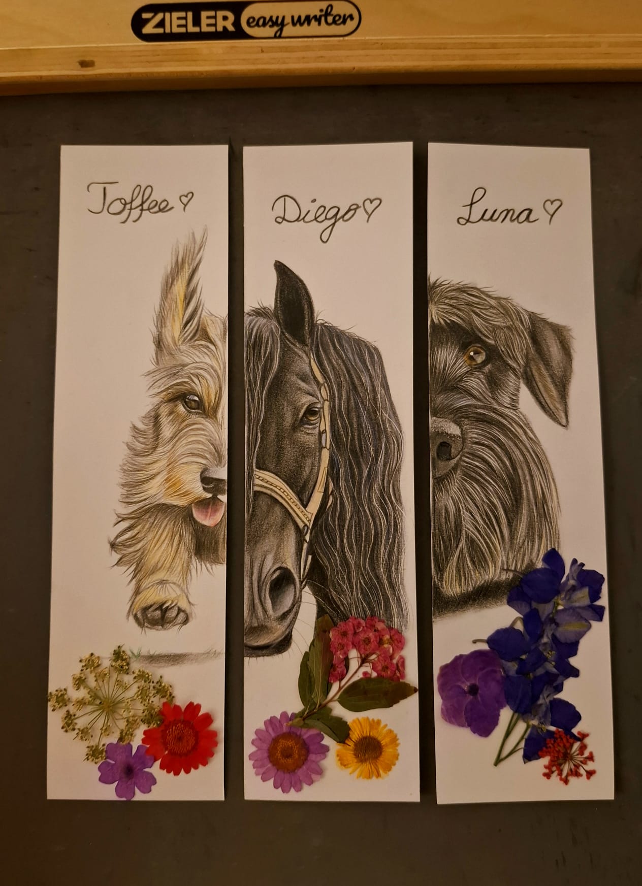 Drei handgezeichnete Lesezeichen mit Tierportraits