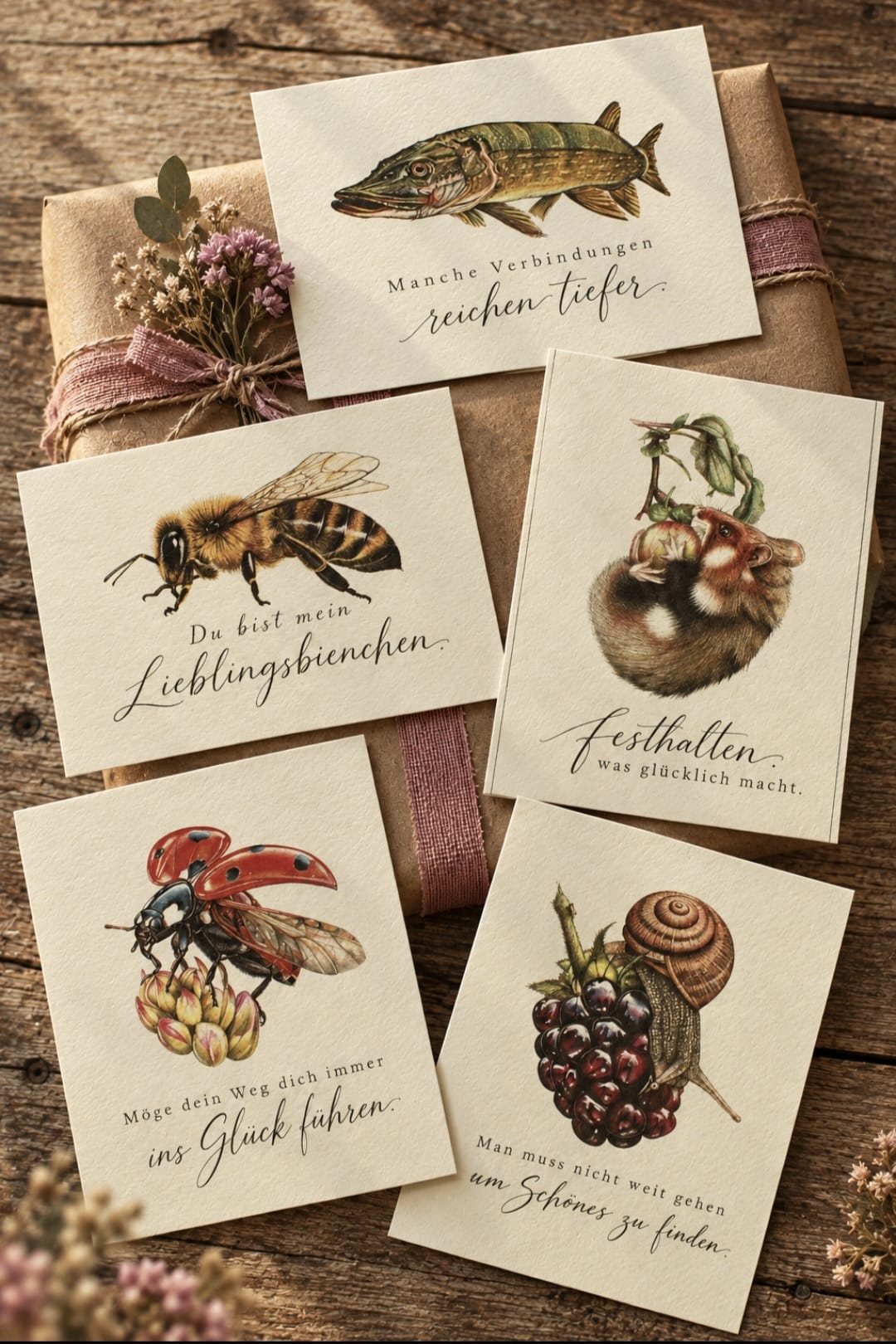Fünf illustrierte Grußkarten mit Hecht, Biene, Hamster, Marienkäfer und Schnecke